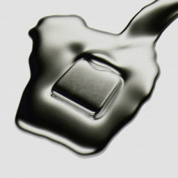 Glossy silver liquid pouring onto a polished metallic square surface against a pale textured background