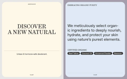 Minimalist digital brand presentation slides for Talgh featuring serif typography on cream and pale blue backgrounds.
