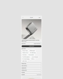 Mobile website mockup displaying the Talgh premium deodorant system product page with a sleek silver container.