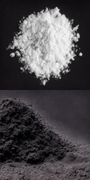 A vertical stack of two piles of powder against dark textured backgrounds, one white and one dark grey.