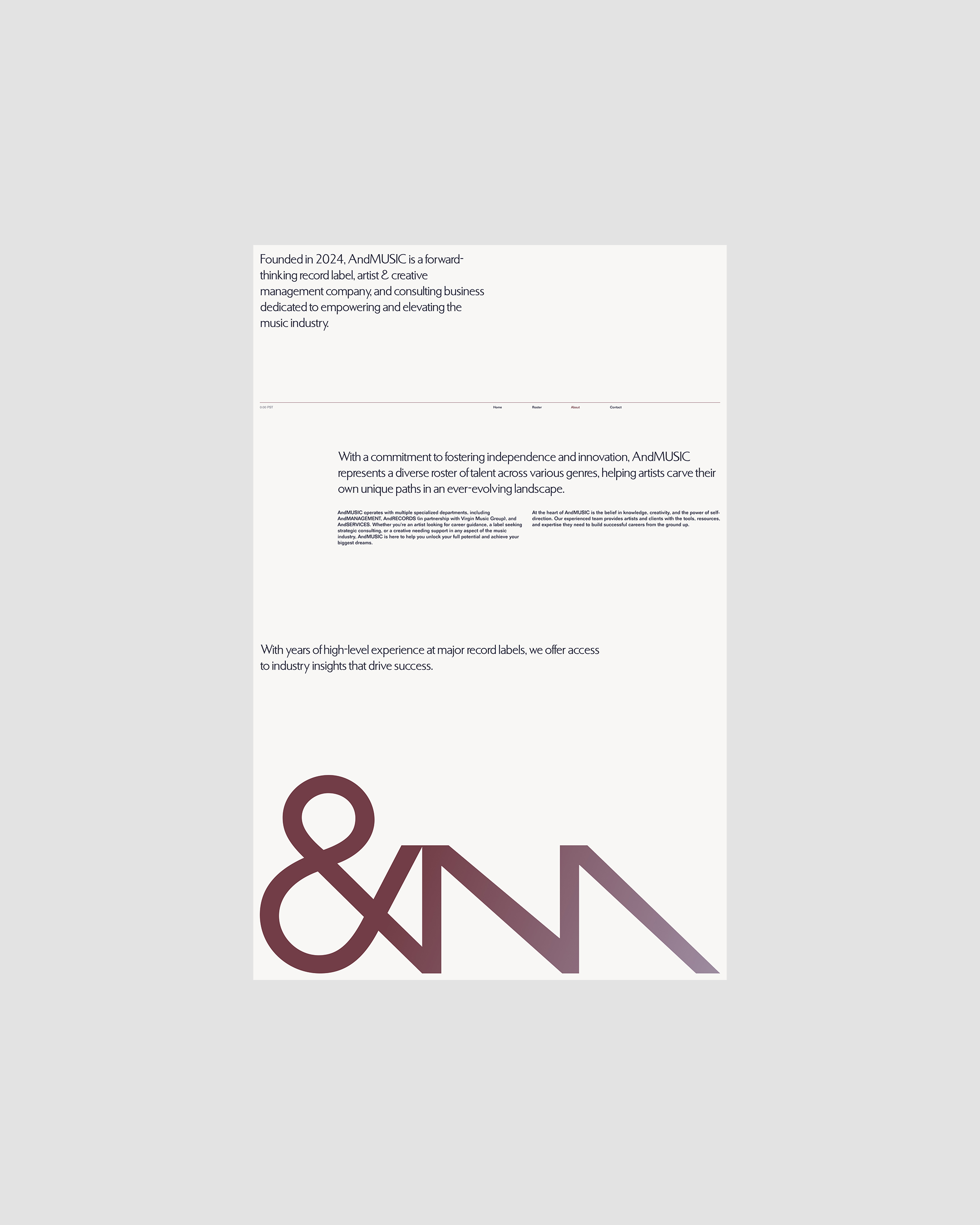 Text on a page featuring the music industry, showcasing a company's founding, commitment, and industry insights. 