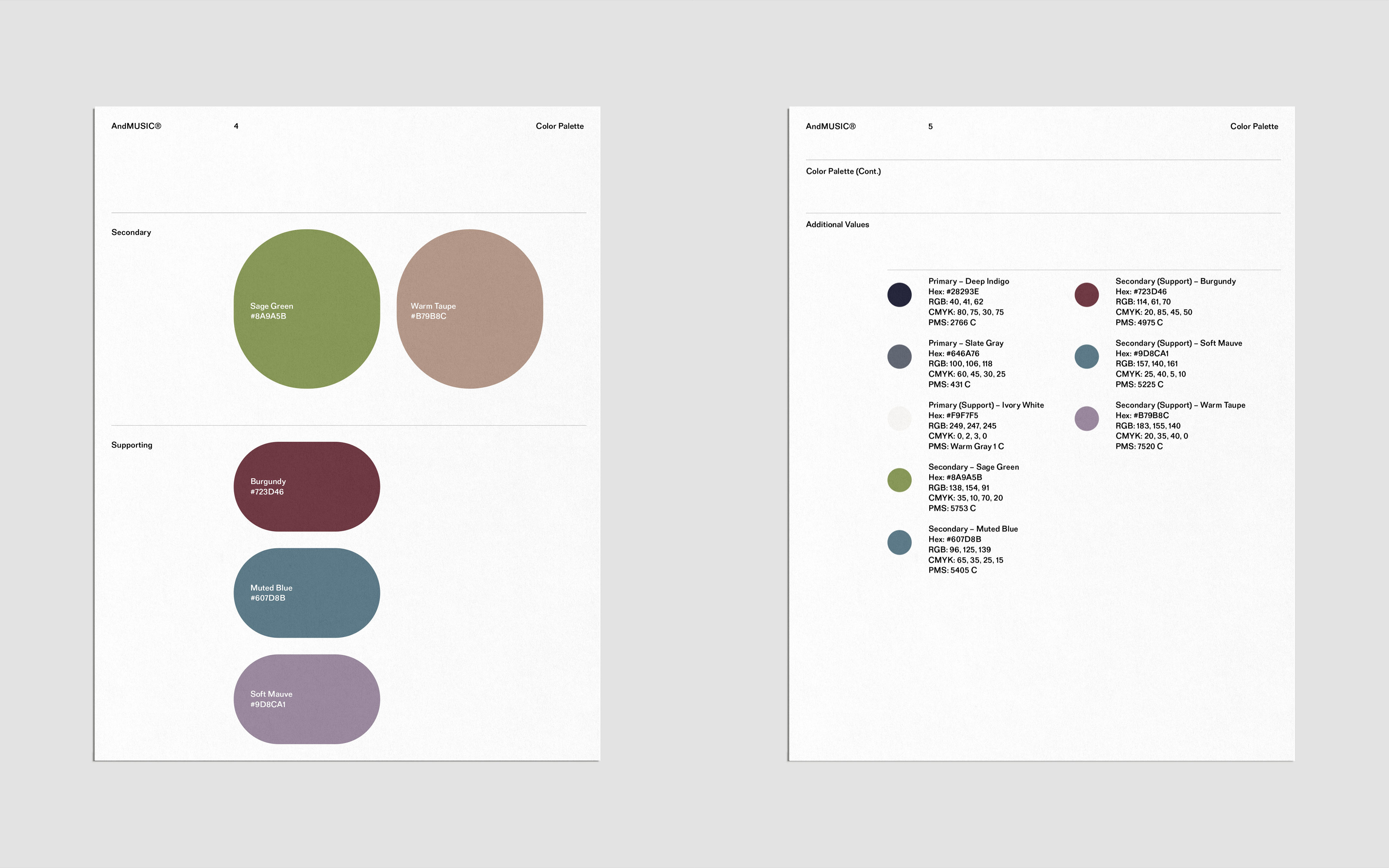Color palettes on two pages show a range of hues like sage, mauve, burgundy, muted blue, and warm taupe, complete with RGB and CMYK codes.