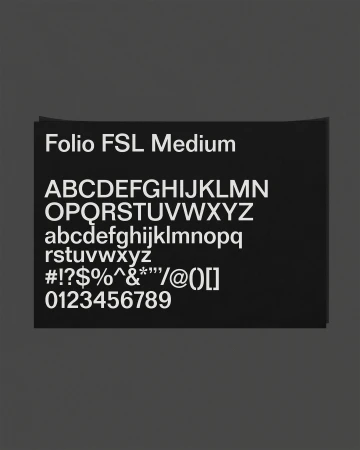 Black card with white text displaying the Folio FSL Medium font including uppercase and lowercase alphabets, numbers, and symbols.