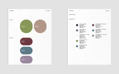 Brand guidelines color palette spread for AndMusic visual identity featuring sage green, warm taupe, and burgundy swatches.