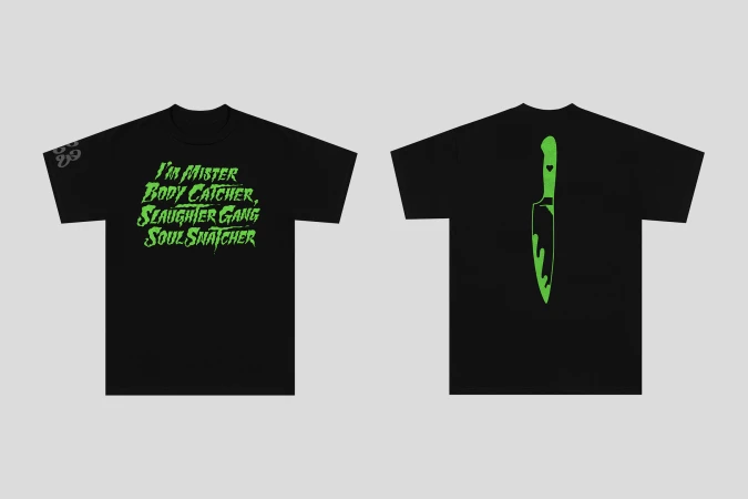 Two black t-shirts are displayed on a gray background. One t-shirt has green text, the other has a green knife graphic.
