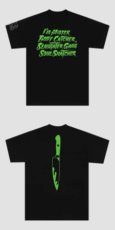 Black t-shirt with neon green text on the front and a knife graphic on the back, displayed against a neutral background.