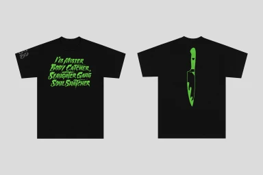Front and back views of a black graphic t-shirt featuring green typography and a green knife illustration on a grey backdrop.