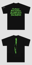 Front and back graphic design layout of a black crewneck t-shirt with lime green typography and knife illustration on a grey ground.