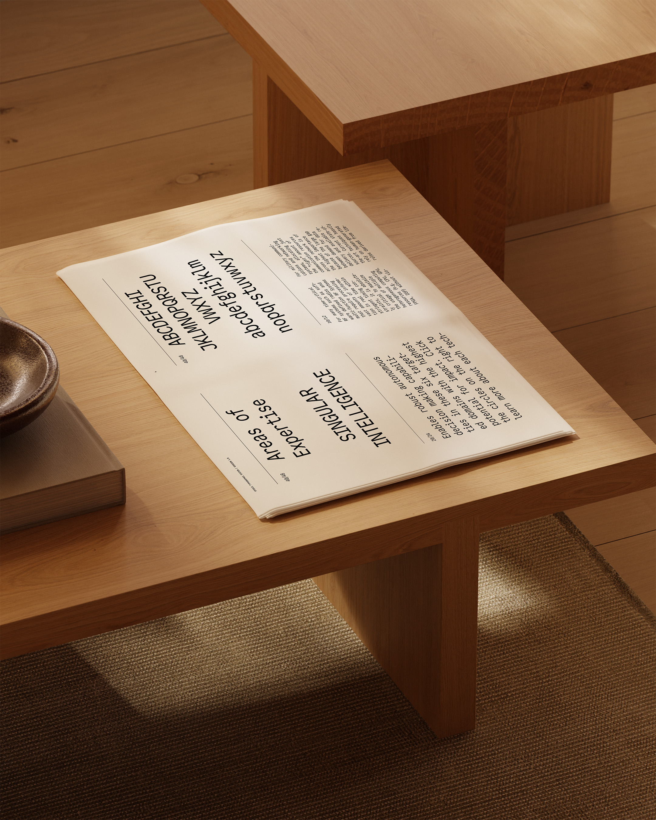 Close-up of a light wood coffee table with a printed page displaying typography examples and text, alongside a small bowl and book.
