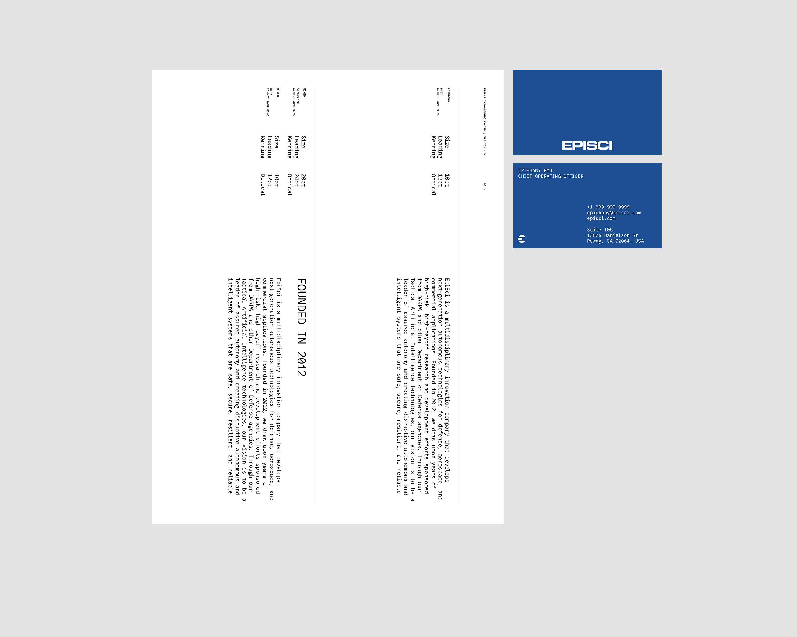 Corporate stationery featuring the Episci logo and company information on a white surface with a light gray background.