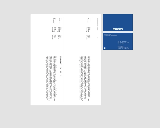 Corporate stationery featuring the Episci logo and company information on a white surface with a light gray background.