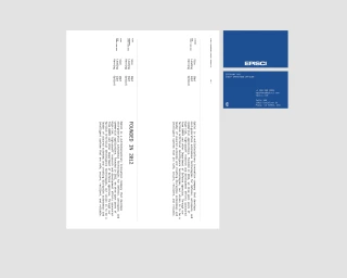 Visual identity guidelines document and business card design for EpiSci featuring corporate typography and blue branding elements.