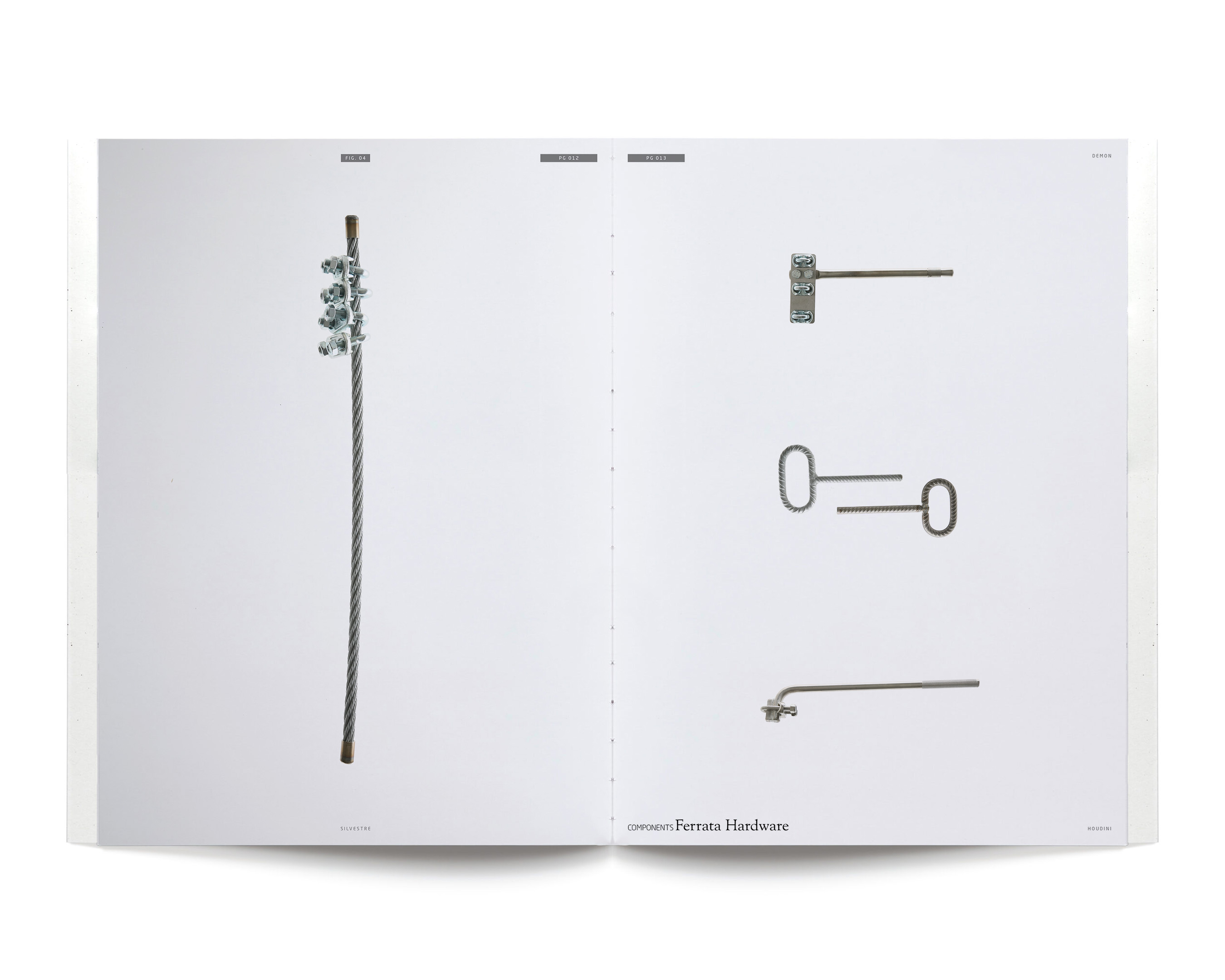 Open catalog spread features two pages of silver-toned metal hardware parts and components displayed against a bright white background.