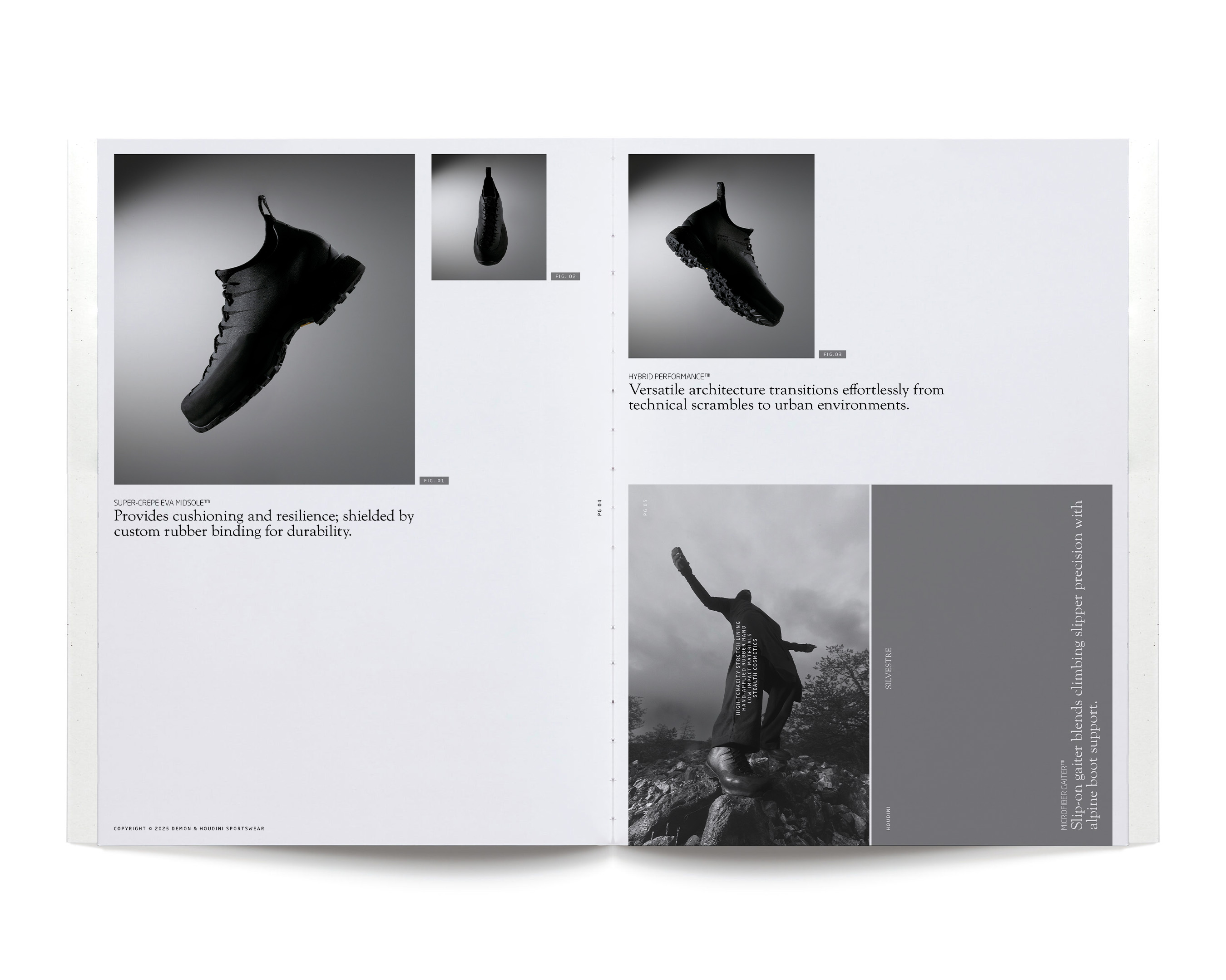 Magazine spread featuring product shots of a black shoe, a statue against a monochromatic background, and promotional text.