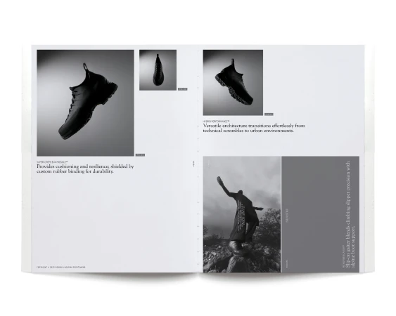 Magazine spread featuring product shots of a black shoe, a statue against a monochromatic background, and promotional text.