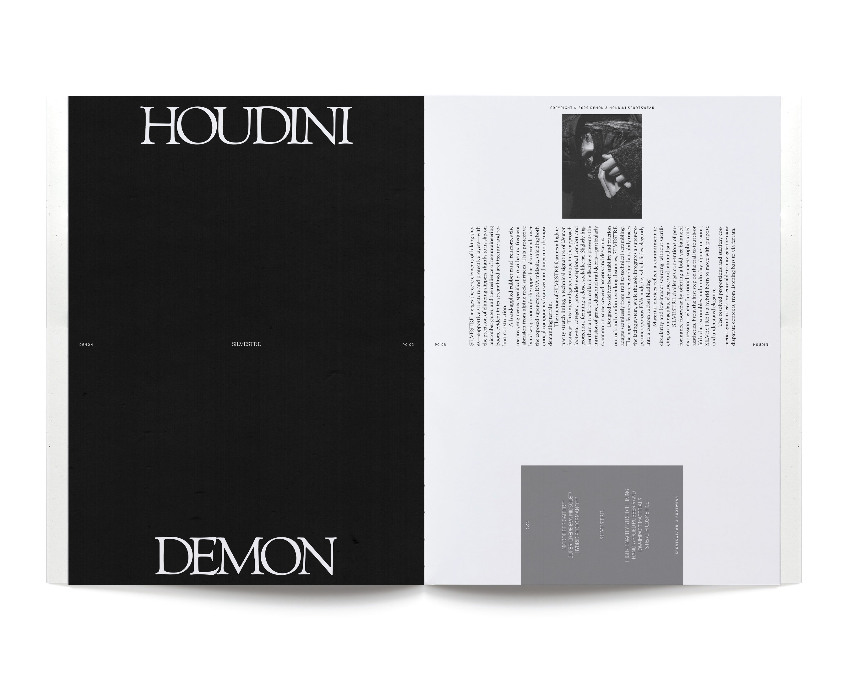 Open magazine spread with black and white pages. 'Demon' and 'Houdini' text featured, with columns of smaller body text.