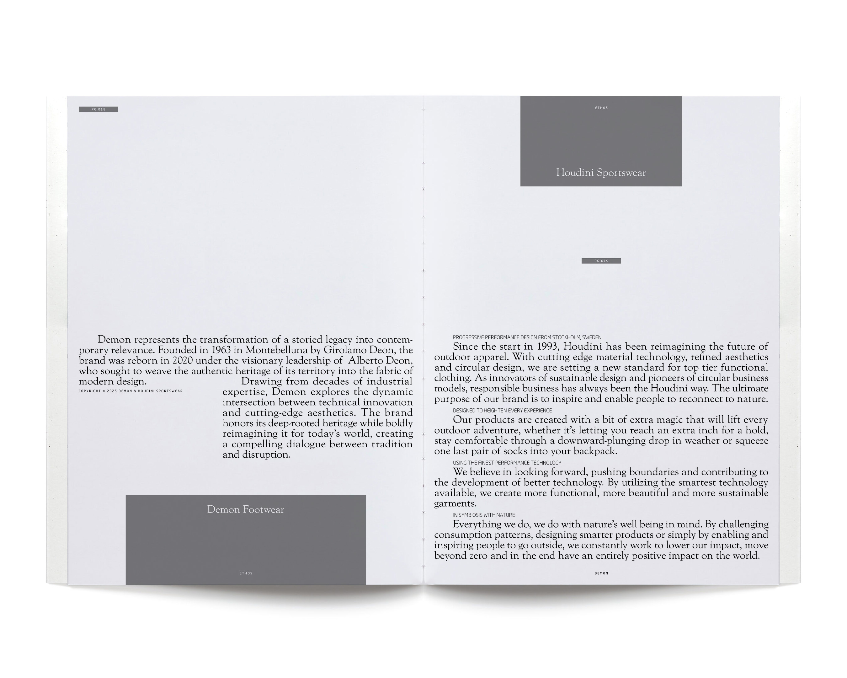 Two-page magazine spread with Houdini Sportswear and Demon Footwear brand descriptions and text, featuring details on design and sustainability.
