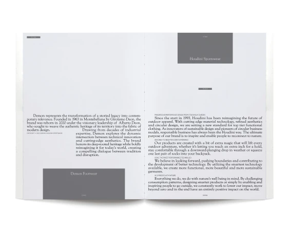Two-page magazine spread with Houdini Sportswear and Demon Footwear brand descriptions and text, featuring details on design and sustainability.