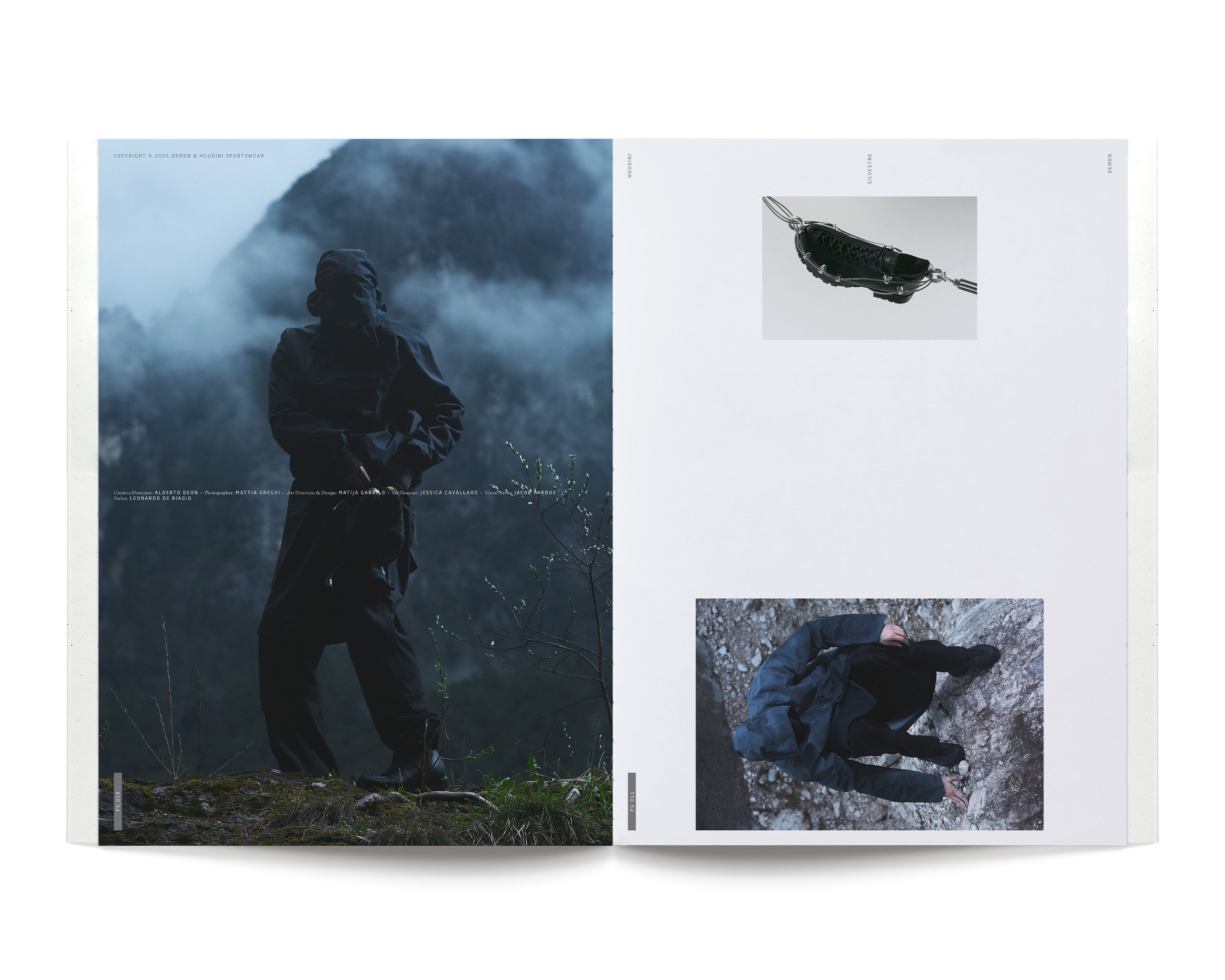 Person in dark clothing stands in a misty mountain landscape in a magazine spread, with product closeups and fashion editorial content.
