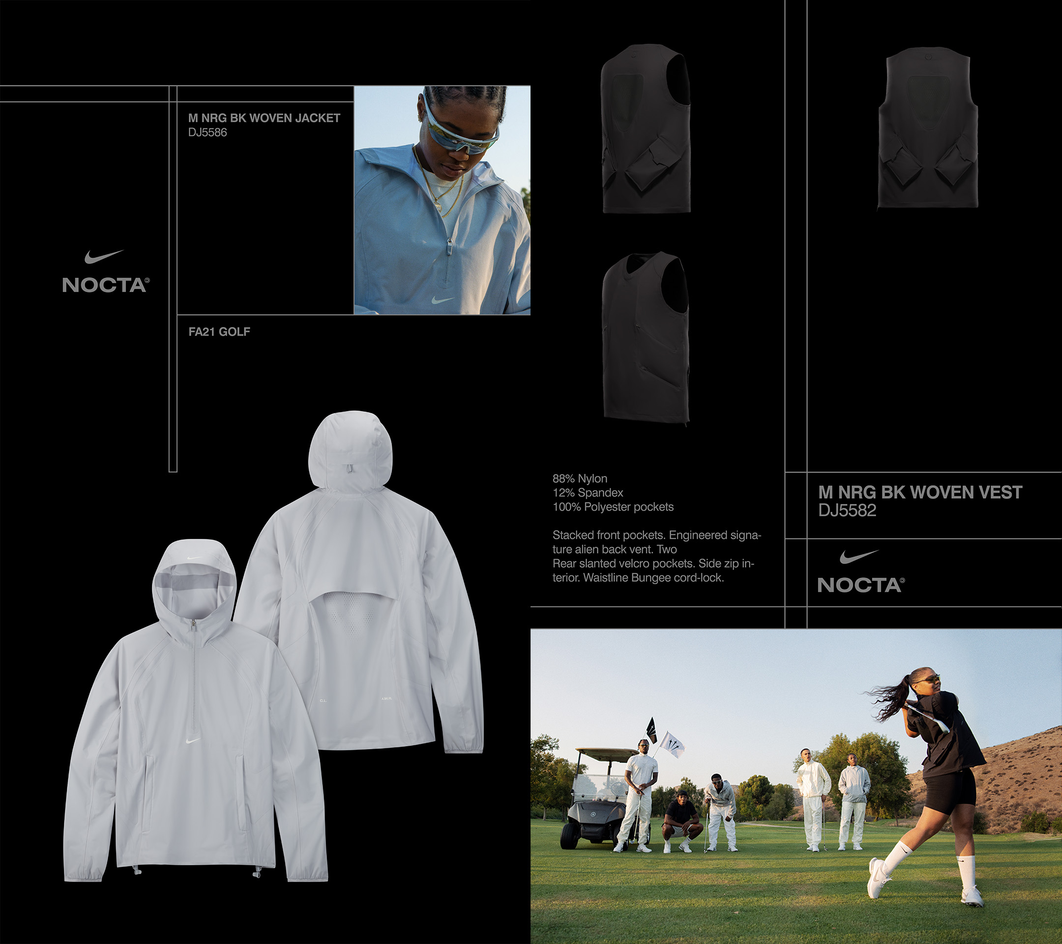 Nike NOCTA apparel ad featuring a woman golfing, showcasing a light grey hooded jacket and other black vests and jackets on a black background.