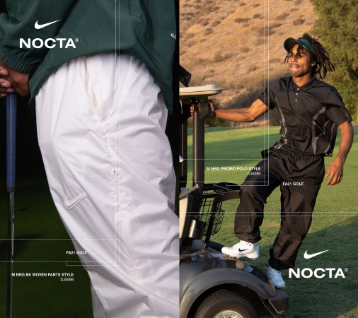 Nike NOCTA golf apparel ad featuring a man in black golf attire stepping out of a golf cart near white pants and golf club.
