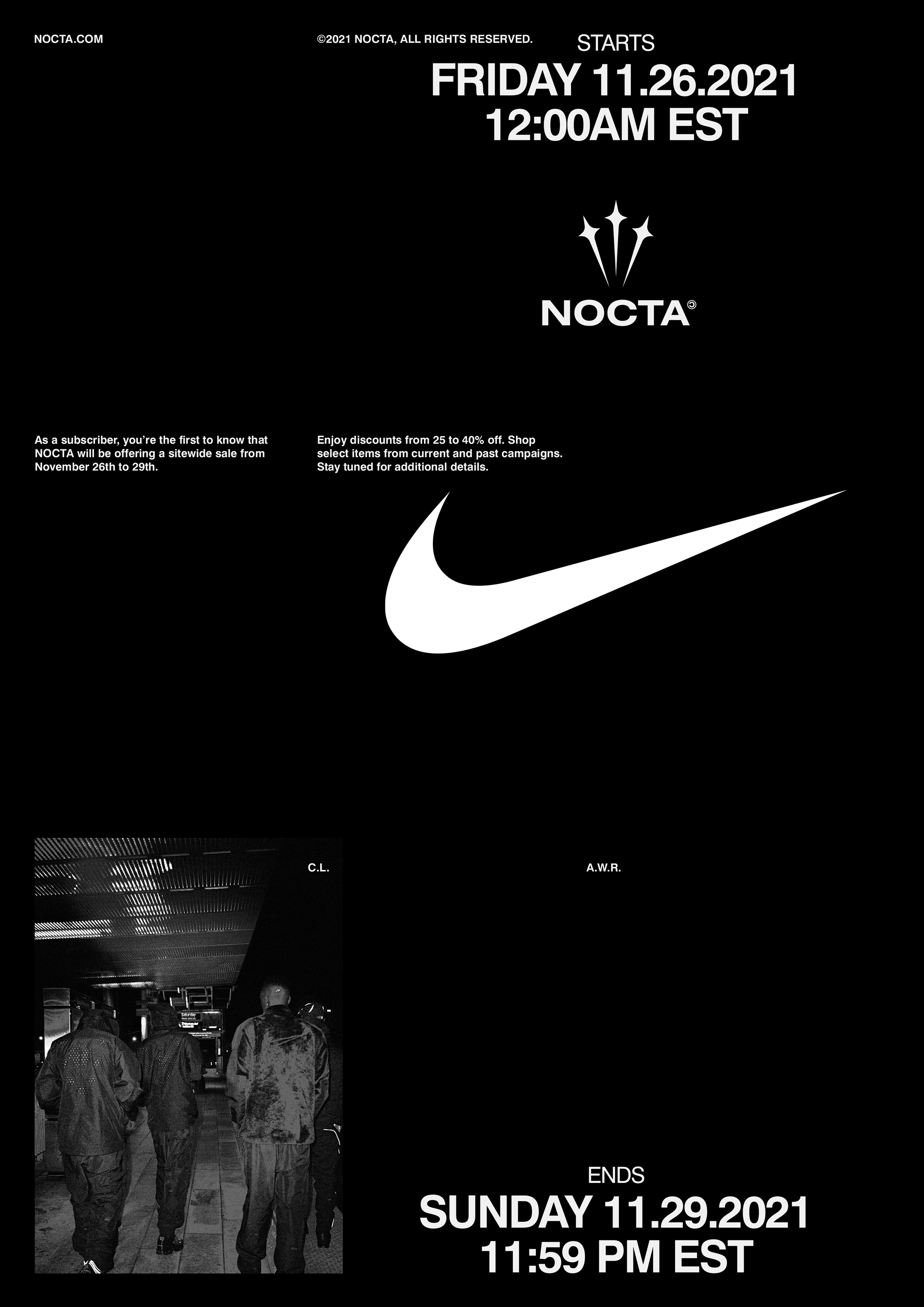 NOCTA advertisement poster features sale dates, logo, and monochrome image of hooded figures walking in a dark, dimly lit environment.