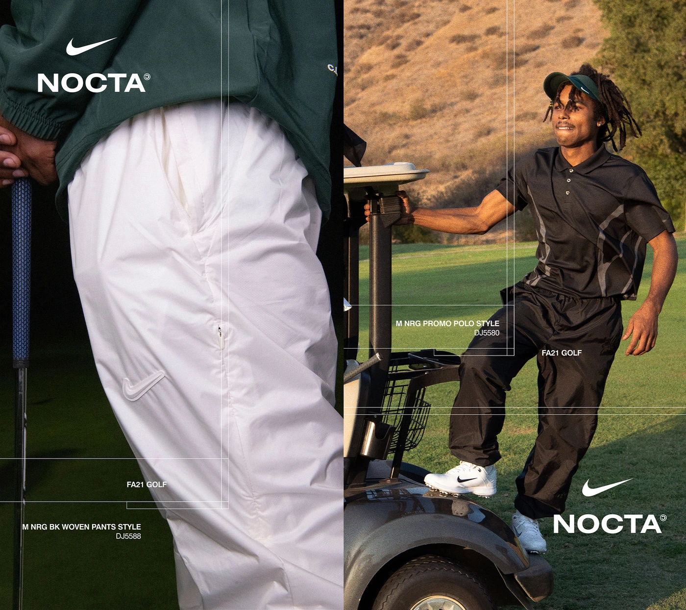 Split view featuring white woven golf pants on the left and a young man standing on a golf cart wearing black athletic apparel on the right.