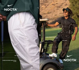 Split view featuring white woven golf pants on the left and a young man standing on a golf cart wearing black athletic apparel on the right.