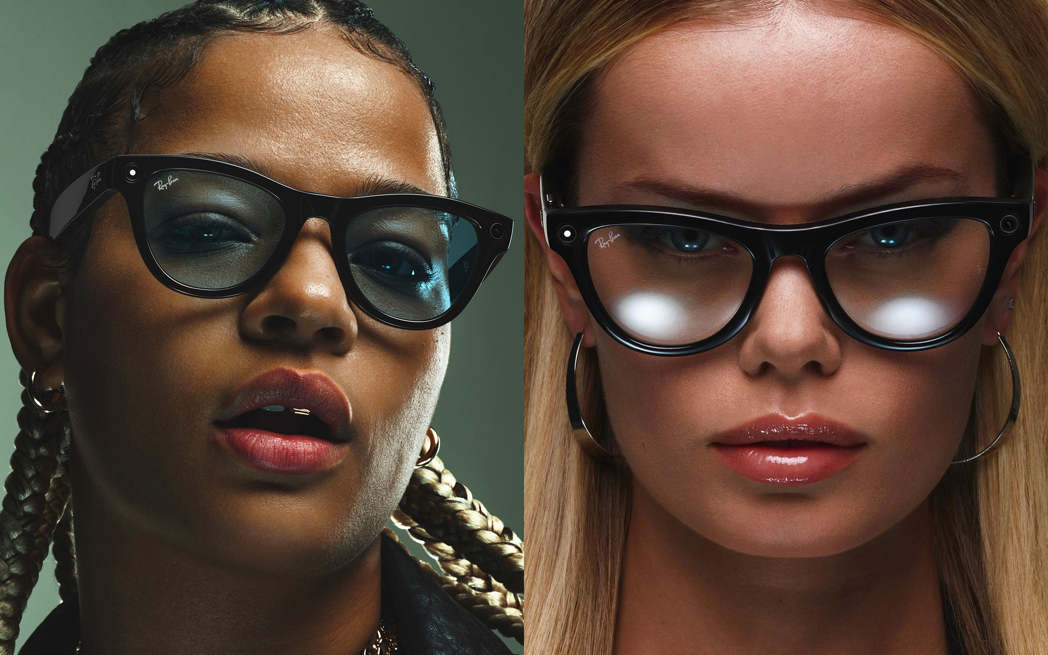 Two women wearing black Ray-Ban smart glasses, indoor setting, close-up portrait. Fashion and technology product shot. Gold hoop earrings.