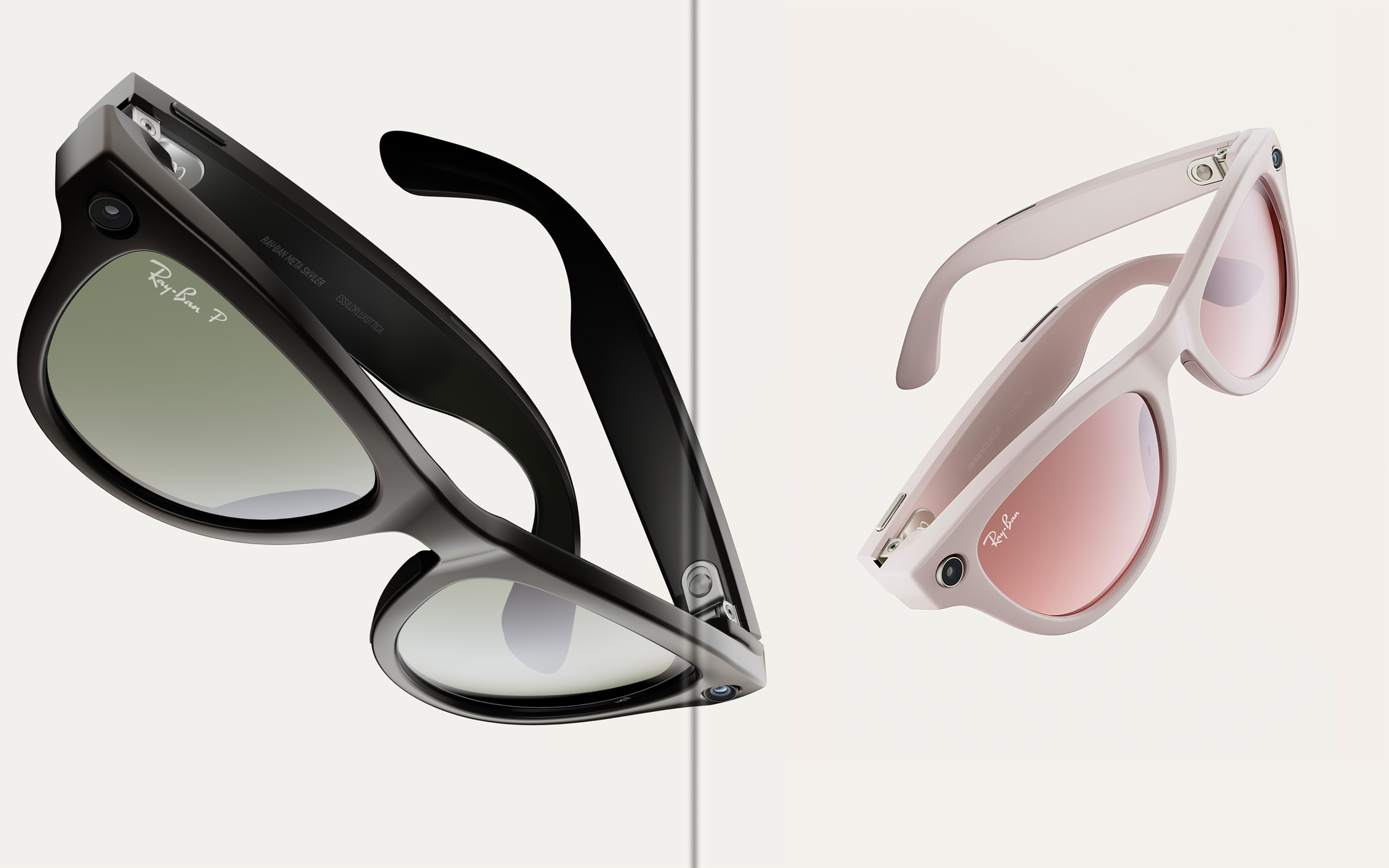 Two pairs of Ray-Ban smart glasses in black and white, levitating against a white background in a product shot highlighting tech features.