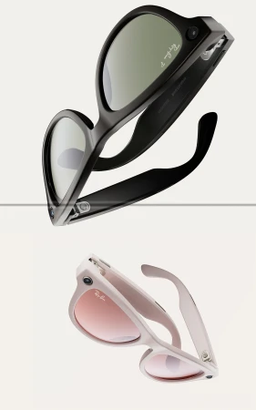 Two pairs of Ray-Ban smart glasses in black and white, levitating against a white background in a product shot highlighting tech features.