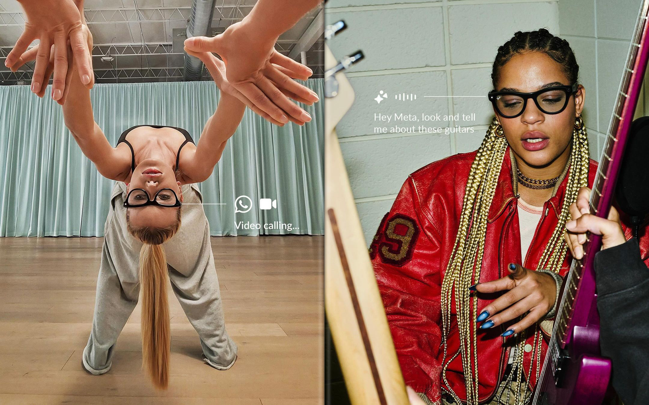 Two-shot image shows a woman in a headstand talking on a video call and another woman in a red jacket holding a guitar.