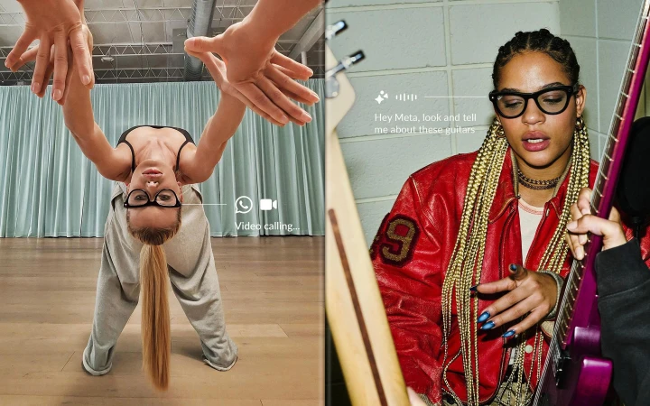 Two-shot image shows a woman in a headstand talking on a video call and another woman in a red jacket holding a guitar.