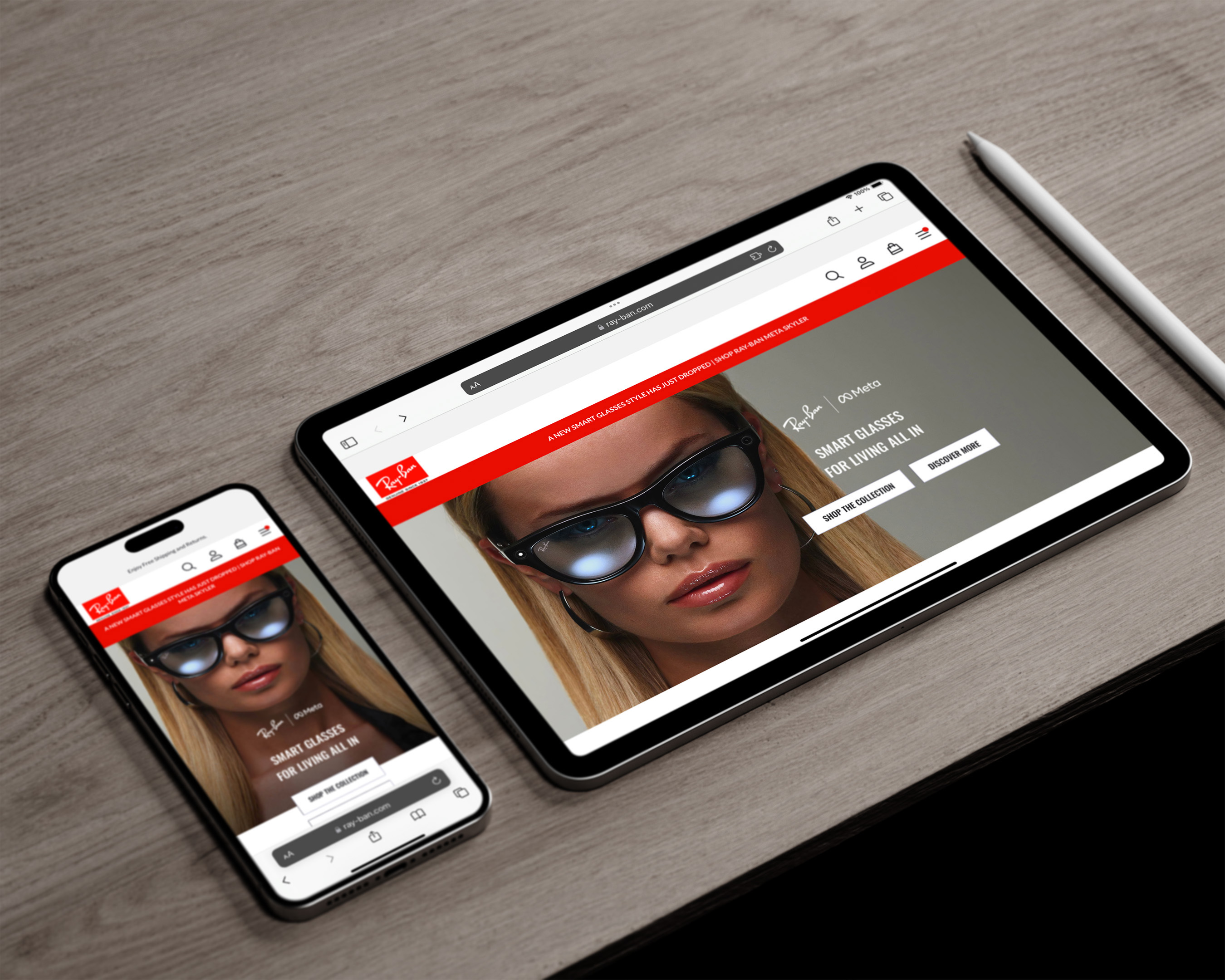 Digital devices on a wooden surface displaying a Ray-Ban advertisement featuring a woman wearing glasses, alongside a white stylus.