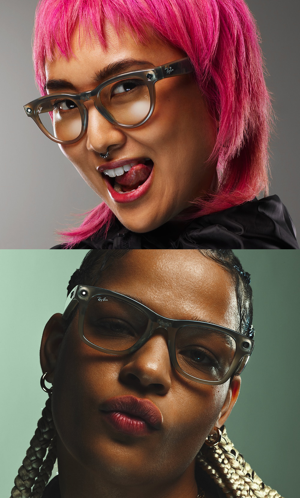 Close-up portrait of two women wearing Ray-Ban eyeglasses; one with pink hair is sticking out her tongue, the other has braids.