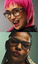 Close-up split portrait of two people wearing smart glasses against studio backdrops, art directed by Matija Gabrilo.