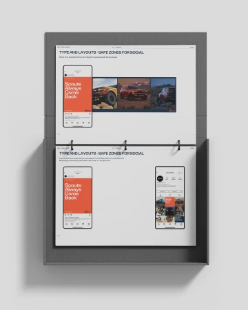 Two-page layout showcases social media designs with 'Scouts Always Come Back' text, vehicles, and user interface elements. Automotive-themed presentation.