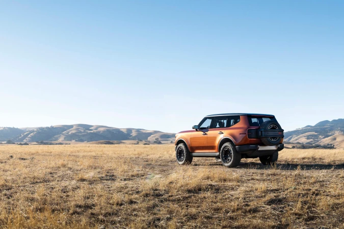 Orange SUV parked in a grassy field with rolling hills and a clear blue sky in the background, showcasing automotive design and outdoor scenery.