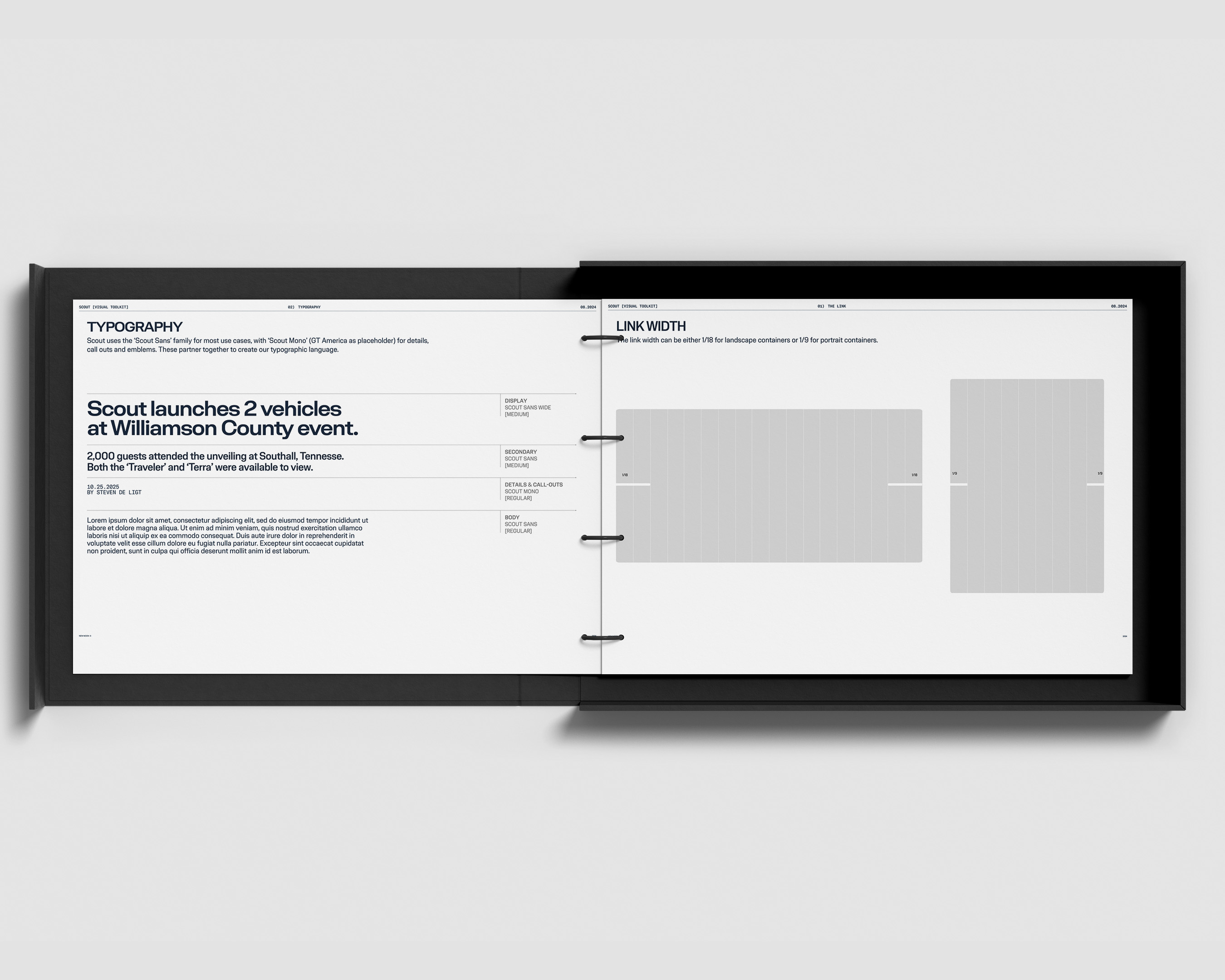 Open book or magazine displaying typography and layout design concepts on white pages with a black spine, showcasing creative design.