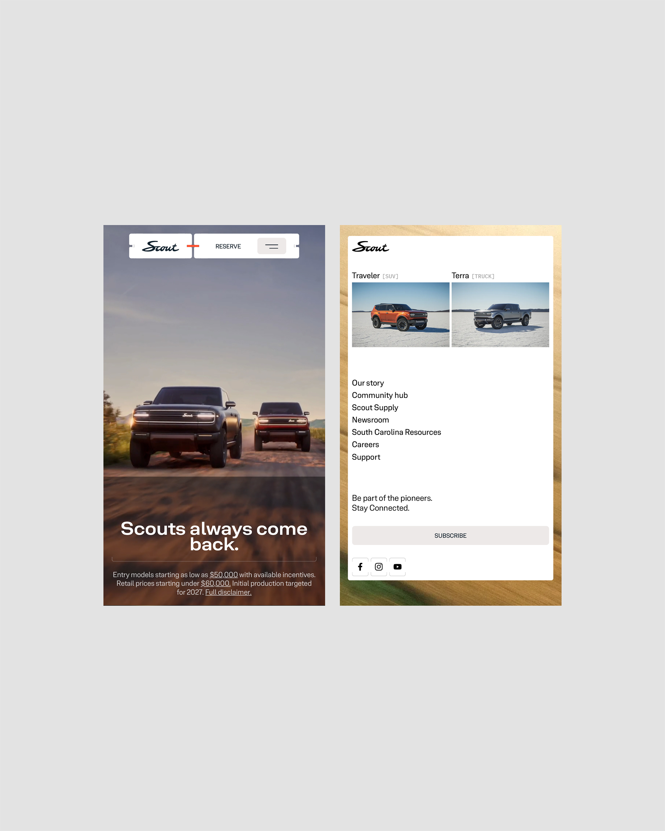 Scout automotive ad featuring two SUVs driving on a dirt road under a clear sky, promoting the tagline 'Scouts always come back'.