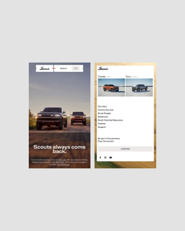 Scout automotive ad featuring two SUVs driving on a dirt road under a clear sky, promoting the tagline 'Scouts always come back'.