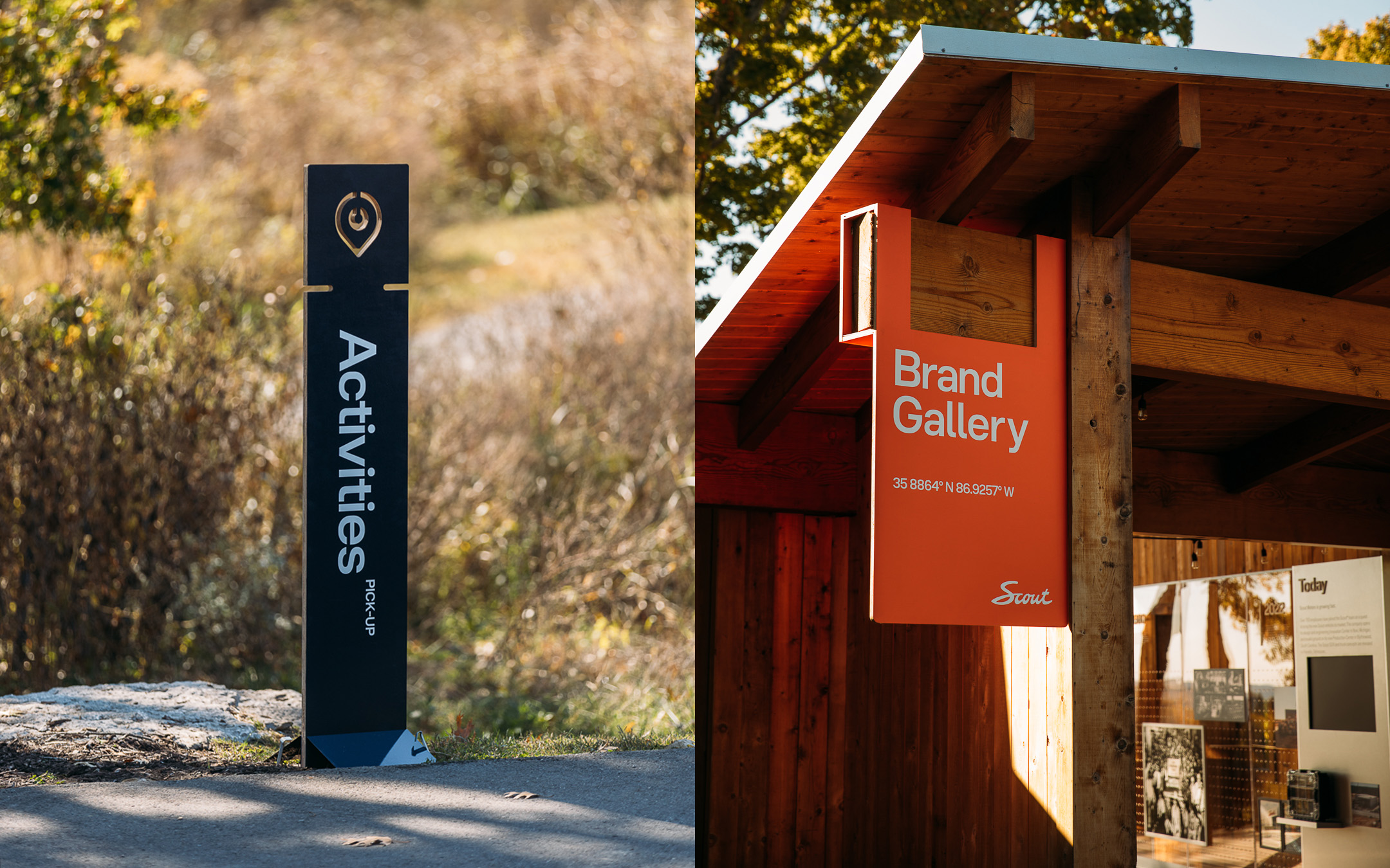 A black informational sign with white text 'Activities PICK-UP' stands next to a sign for the 'Brand Gallery' hanging under a wooden awning.