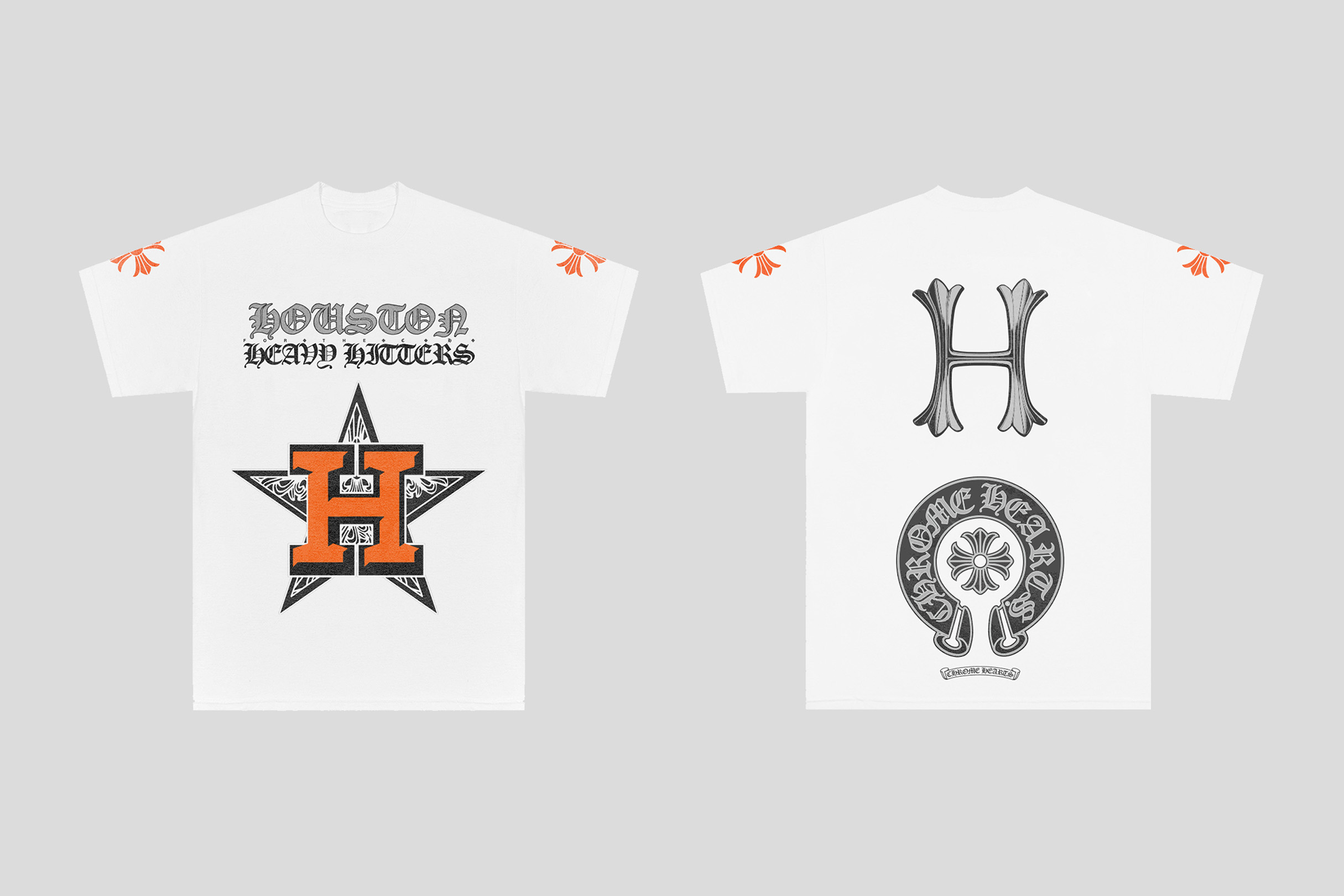 Two views of a white t-shirt with an orange Houston Astros logo and the words "Houston Heavy Hitters" on the front, and a large silver 'H' on the back.