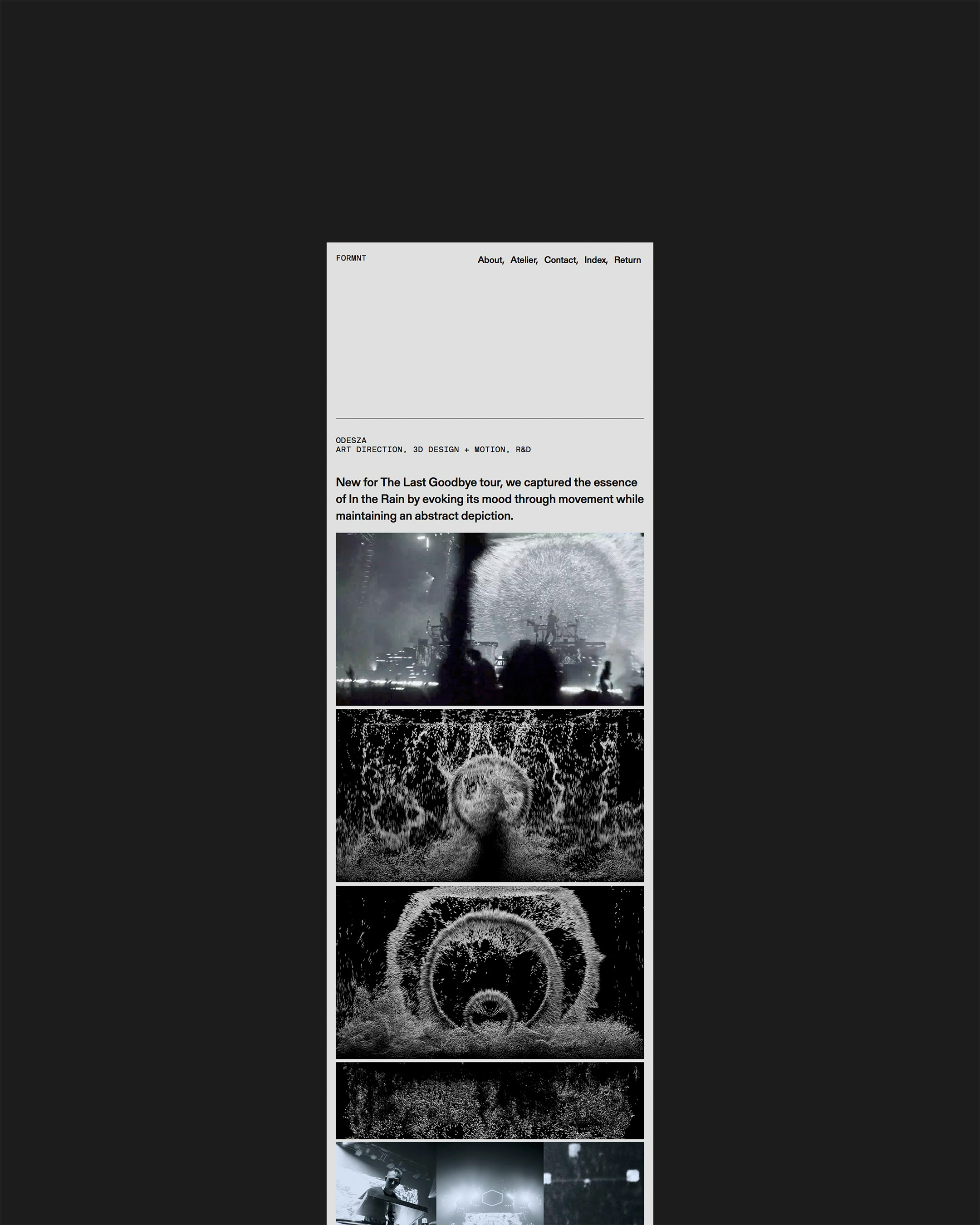 A grayscale web page design showcasing abstract imagery of water, complemented by text describing an art exhibition or promotional material.