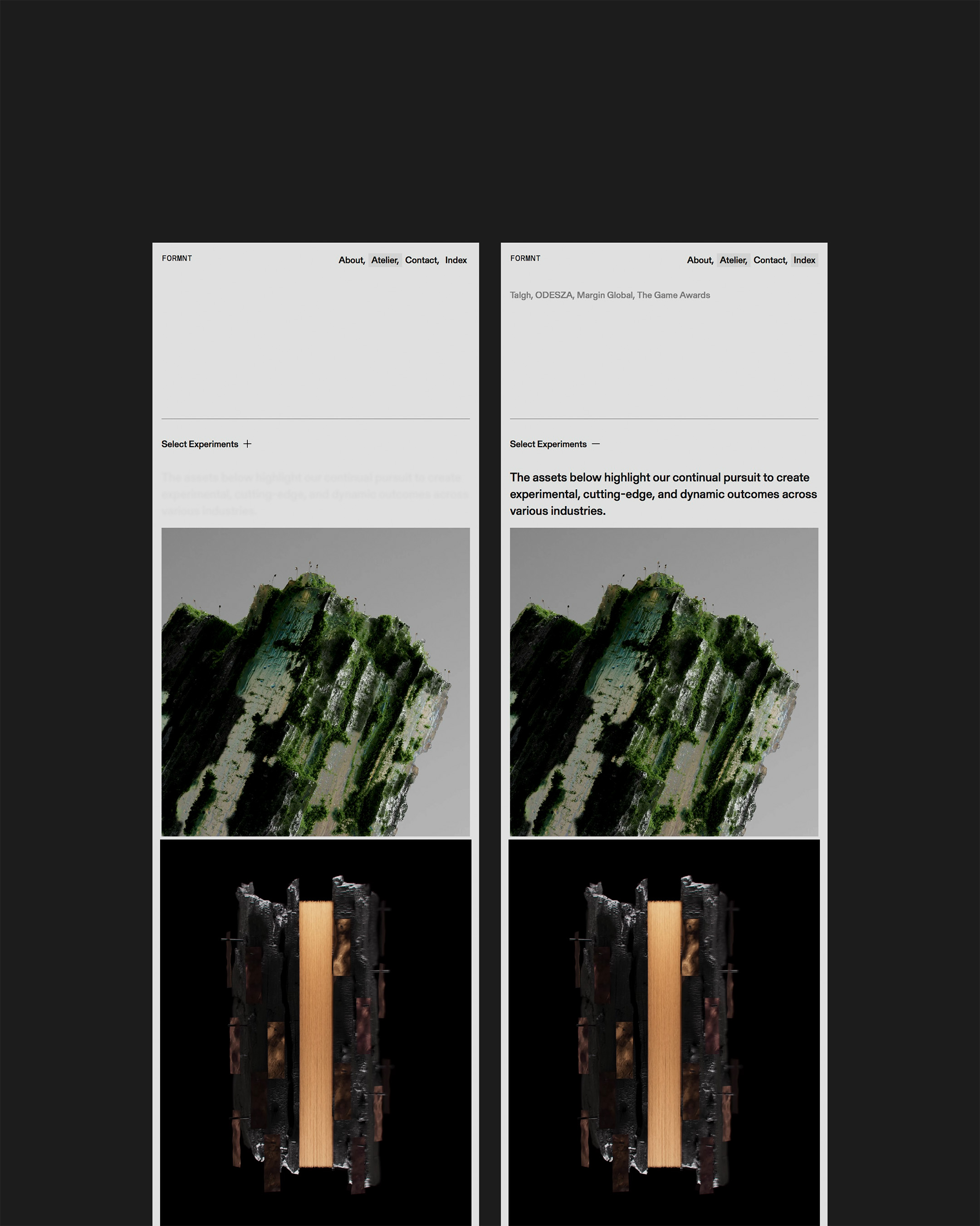 Website layout featuring abstract green and black textured rock formations and a tall black sculpture with a gold center on a dark background.