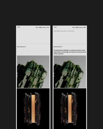 Website layout featuring abstract green and black textured rock formations and a tall black sculpture with a gold center on a dark background.