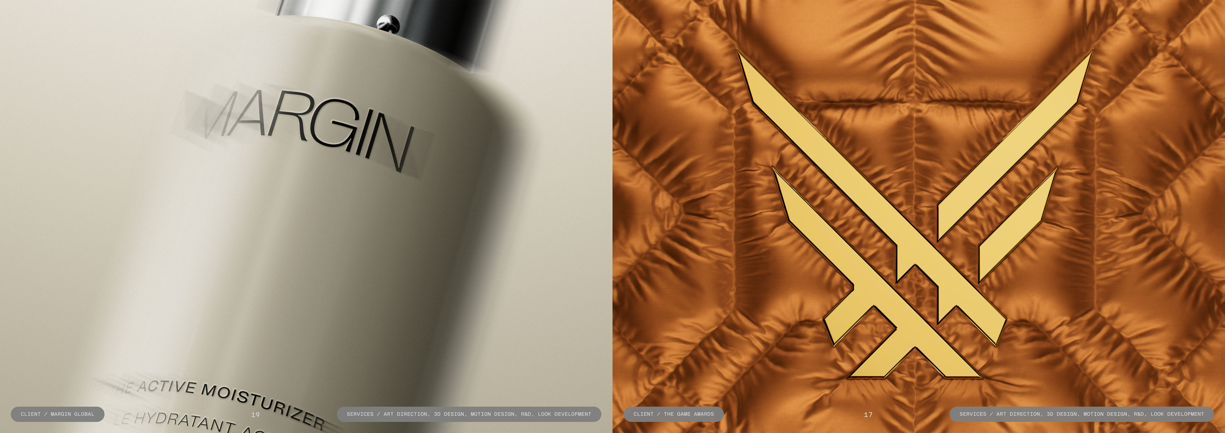 Split screen featuring a Margin moisturizer bottle on the left and a quilted bronze background with a gold emblem on the right.