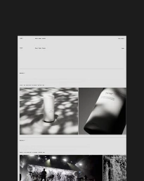 Website portfolio layout featuring monochromatic product photography of a cosmetic bottle and a live concert stage visual.
