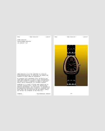 Wristwatch with a black band and a gold bezel displayed on a website alongside descriptive text, set against a gradient yellow background.