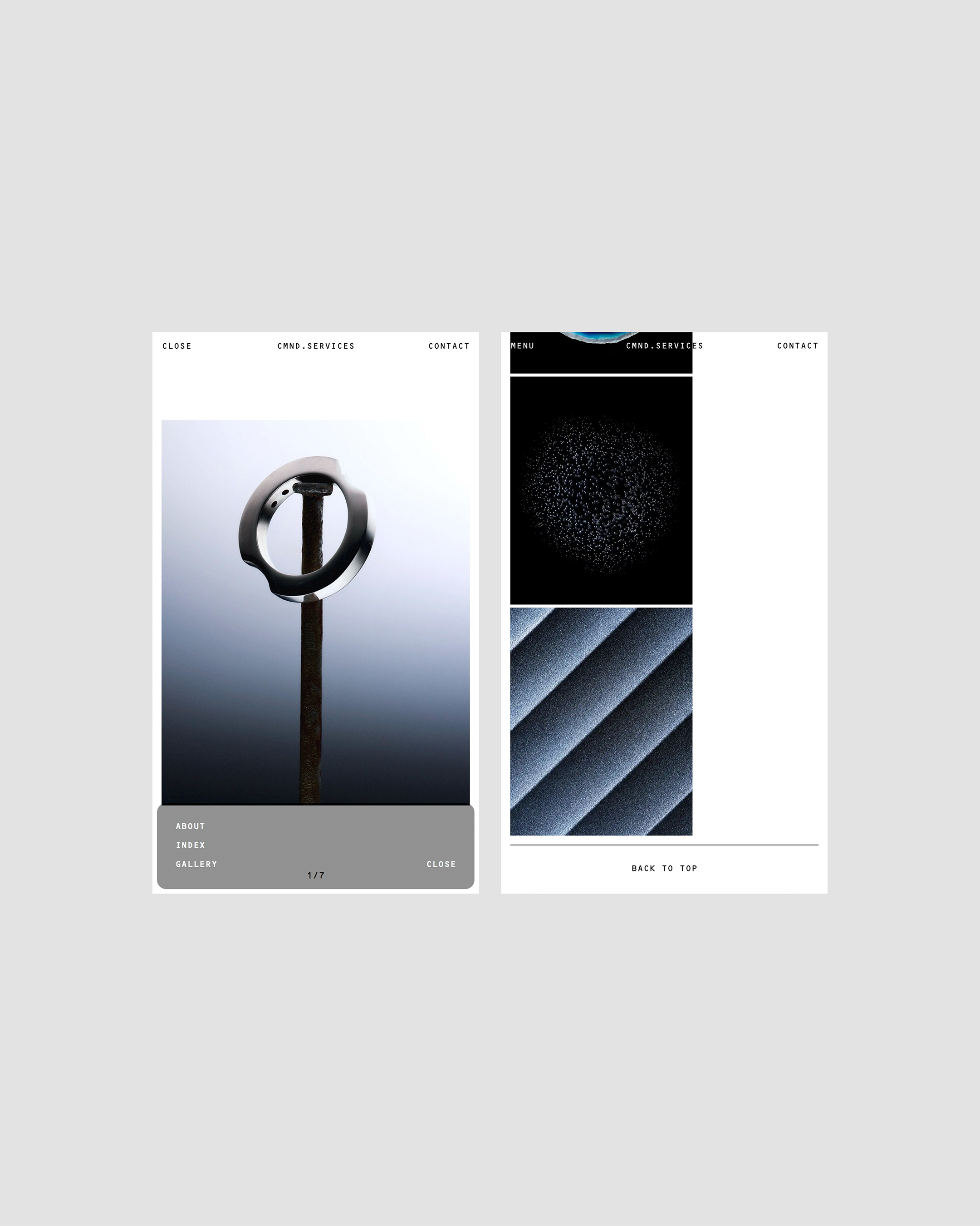 Digital art showcases an abstract ring object on a stick with website screenshots featuring simple text and geometric shapes in gray.